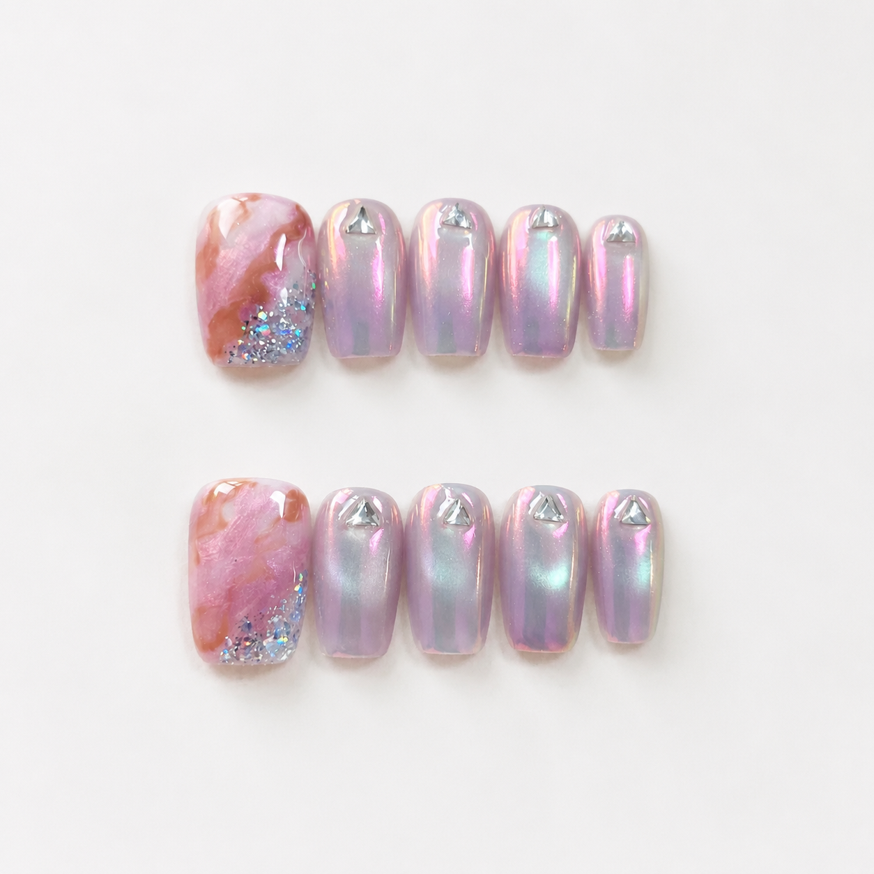 Handmade short coffin pink purple cat eye short trapezoid shape aurora iridescent chrome gradient false nails-Pink Opal A055