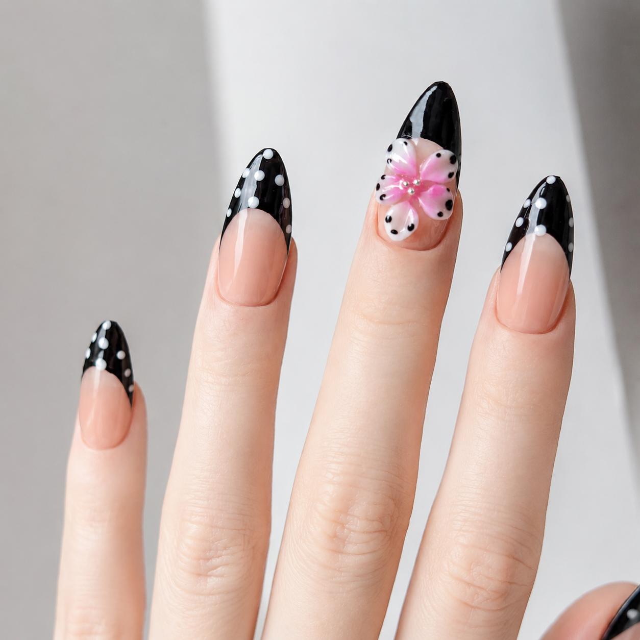 Handmade Nude Polka Dot French Press On Nails Medium Almond, Black French Tip with 3D Flower Accent-Dot Garden A051