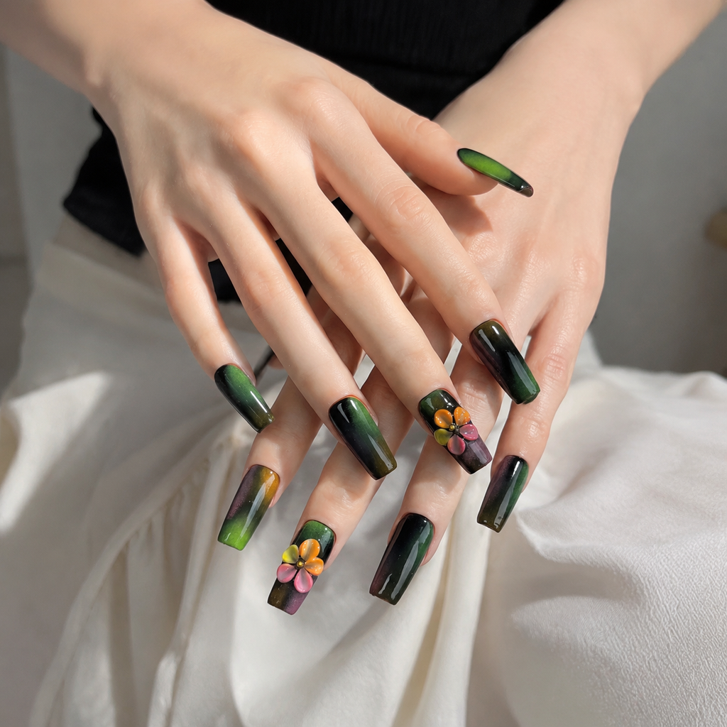 Handmade black neon graffiti press on nails medium coffin  pink green abstract swirl with 3D flower accent-Punk Graffiti A056