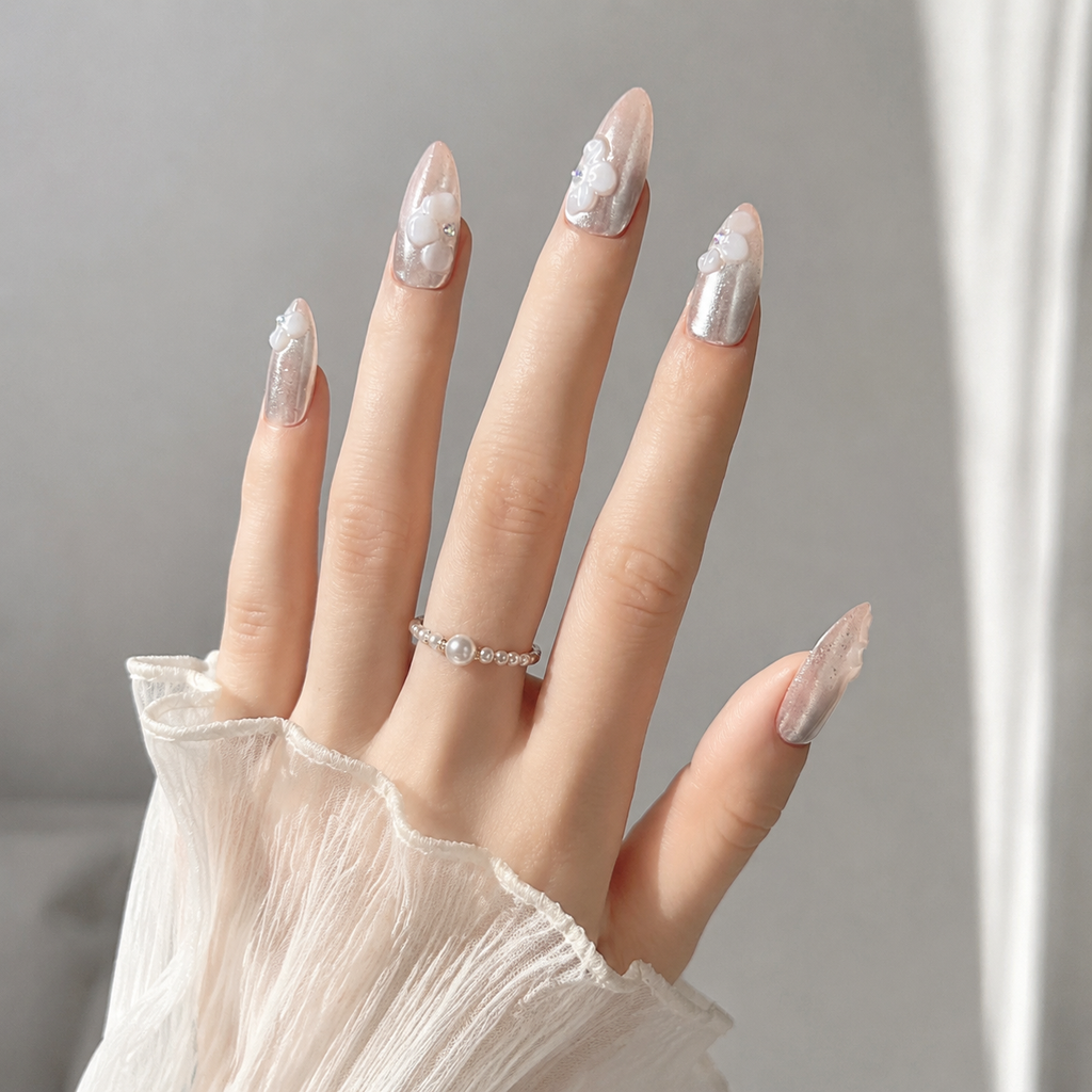 Handmade medium almond Silver Glitter Ombre Press On Nails 3D Flower Elegant White Pink Gradient-Pearl Bloom A053
