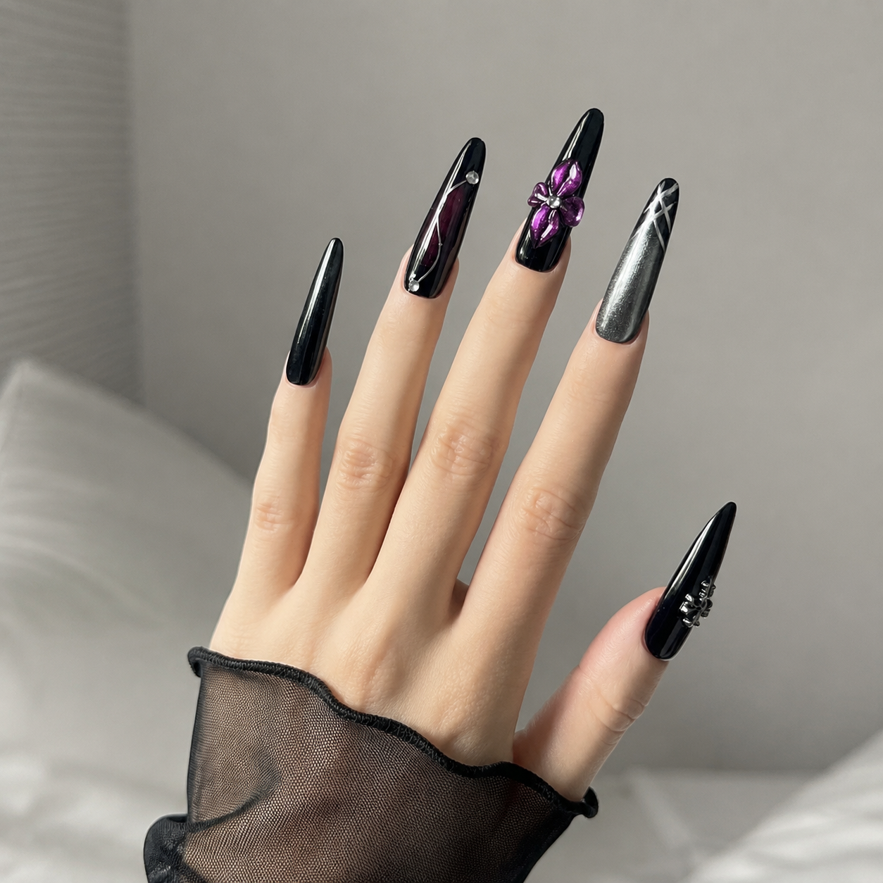 Handmade gothic cat eye long stiletto black purple orange aura false nails dark Y2K 3D handmade luxe nail set-Midnight Gothic A050