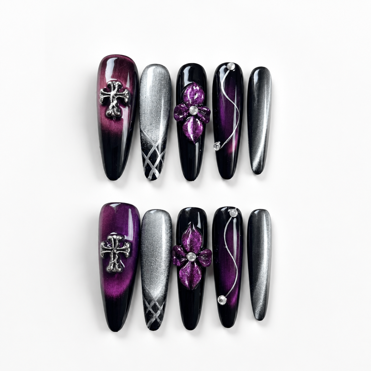 Handmade gothic cat eye long stiletto black purple orange aura false nails dark Y2K 3D handmade luxe nail set-Midnight Gothic A050