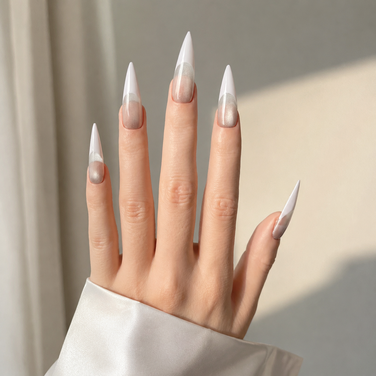 Handmade silver grey cat eye press on nails long stiletto white french tip-Silver Frost A054