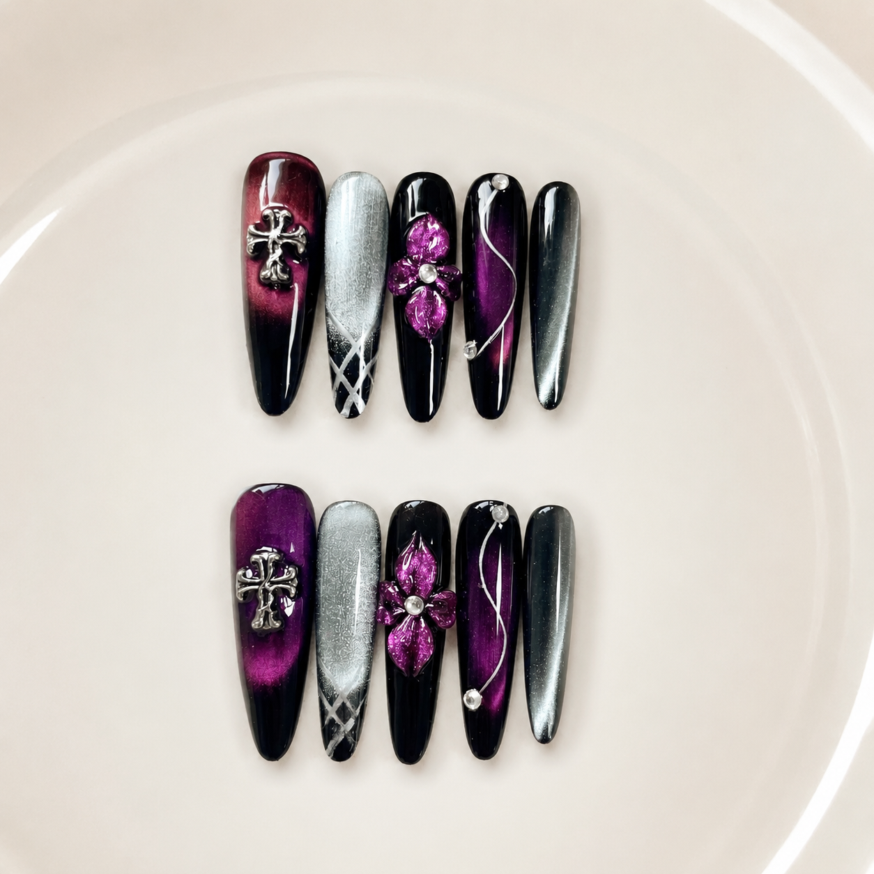 Handmade gothic cat eye long stiletto black purple orange aura false nails dark Y2K 3D handmade luxe nail set-Midnight Gothic A050