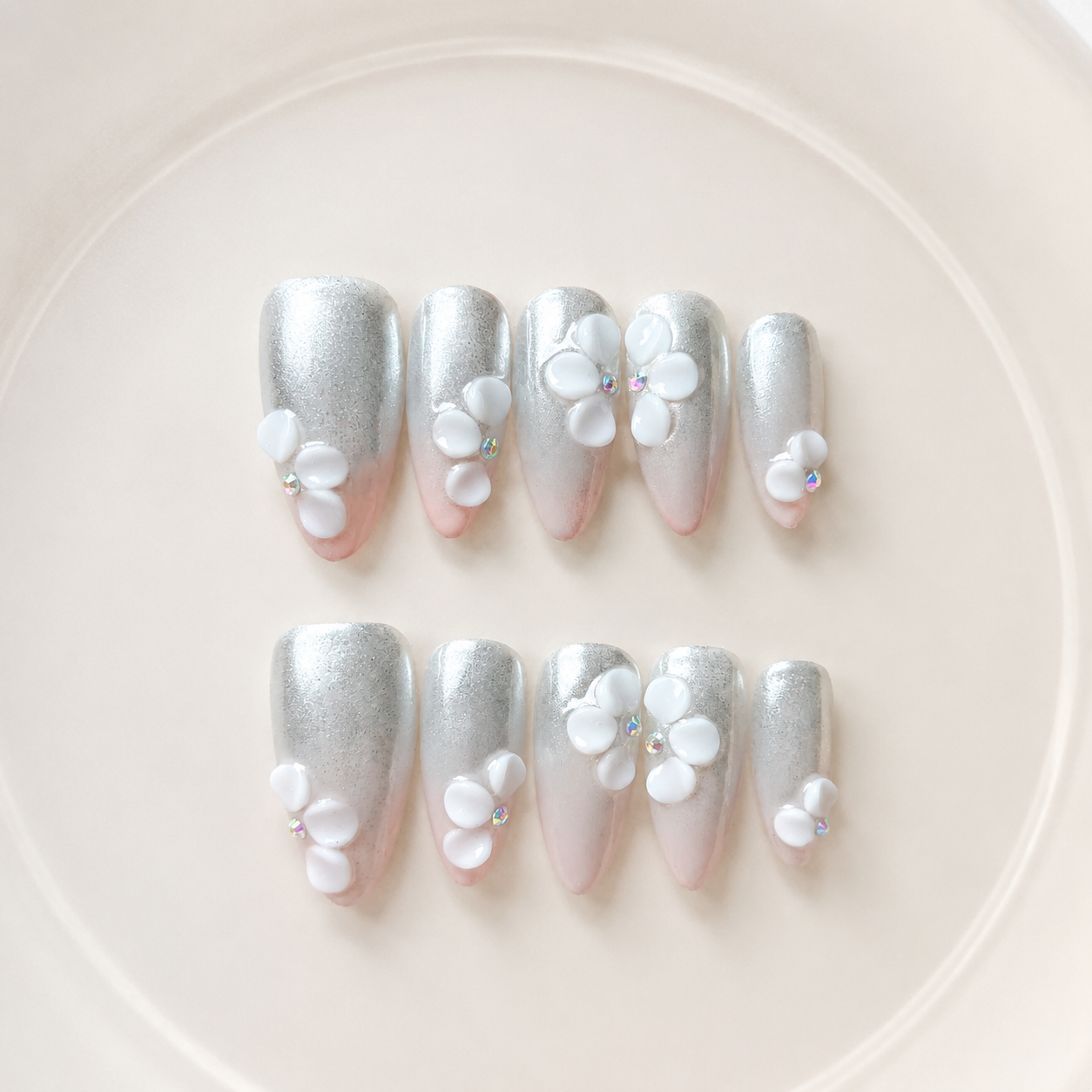 Handmade medium almond Silver Glitter Ombre Press On Nails 3D Flower Elegant White Pink Gradient-Pearl Bloom A053