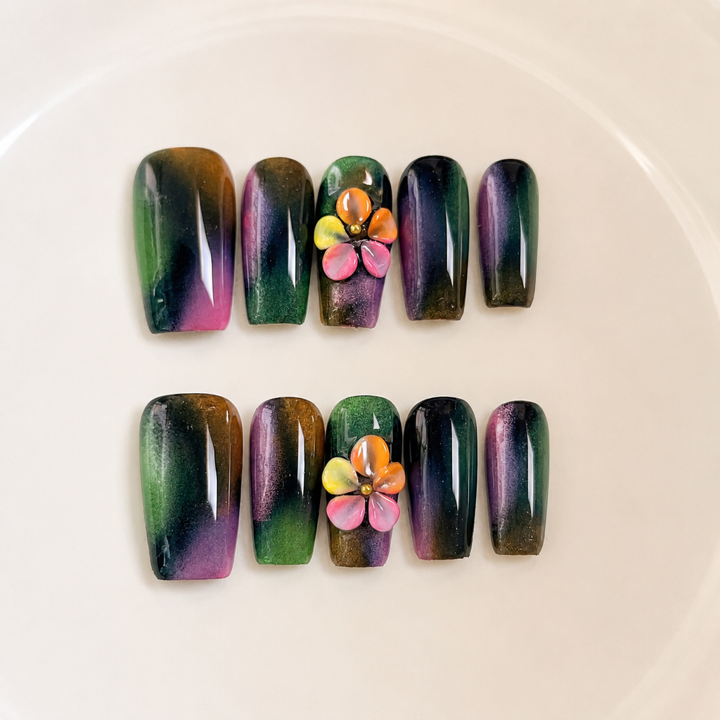 Handmade black neon graffiti press on nails medium coffin  pink green abstract swirl with 3D flower accent-Punk Graffiti A056
