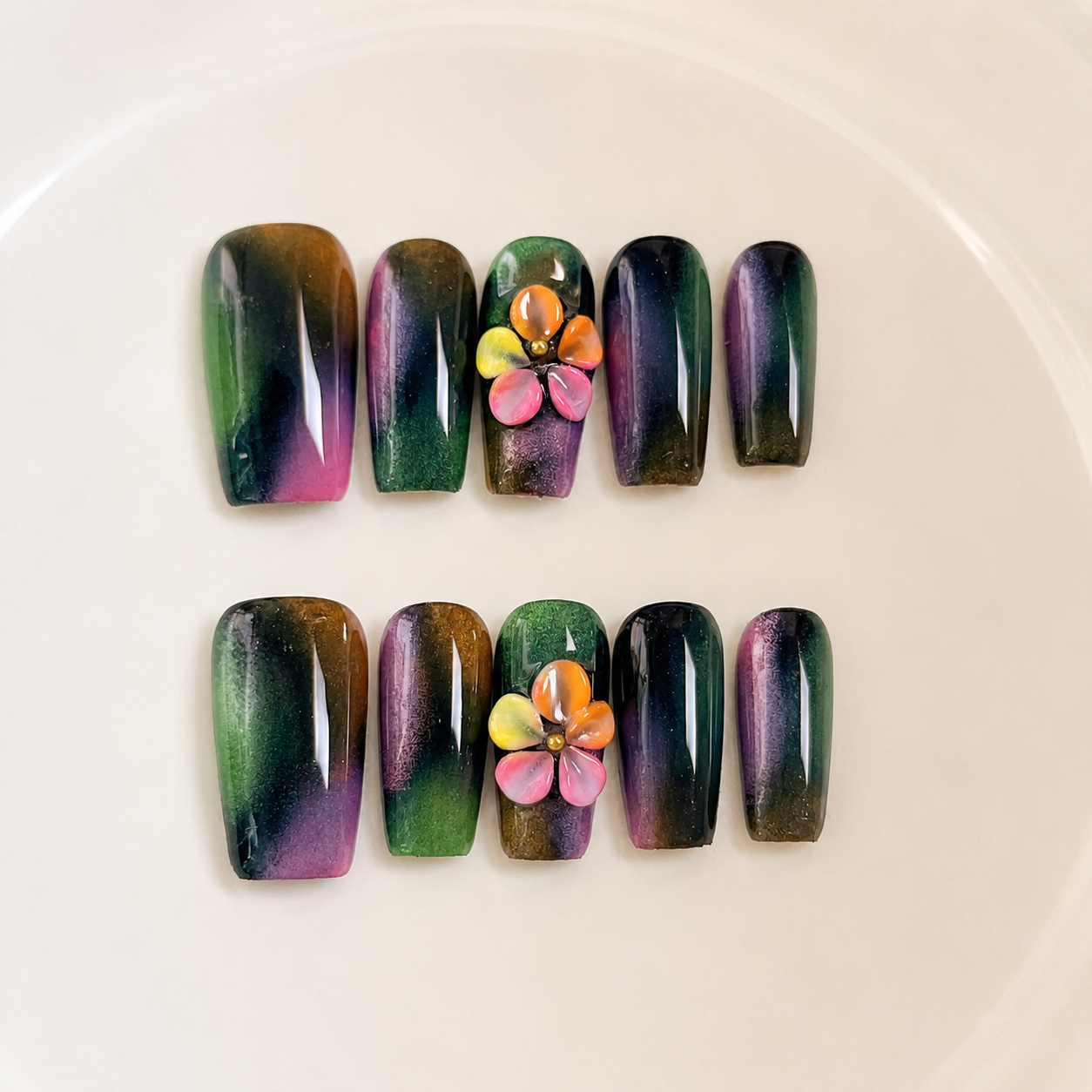 Handmade black neon graffiti press on nails medium coffin  pink green abstract swirl with 3D flower accent-Punk Graffiti A056