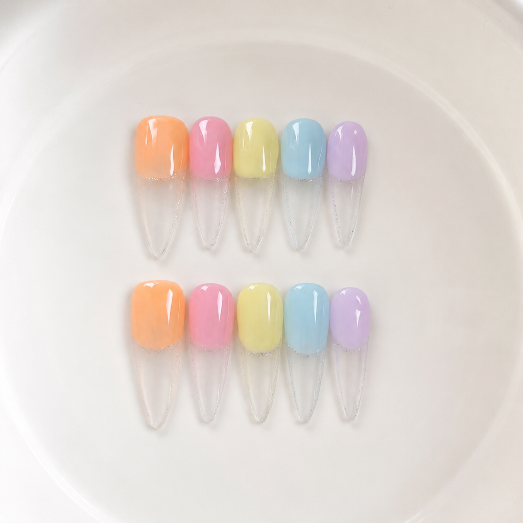 Handmade candy color french tip medium stiletto shape  transparent gradient rainbow pastel nail set-Rainbow A047