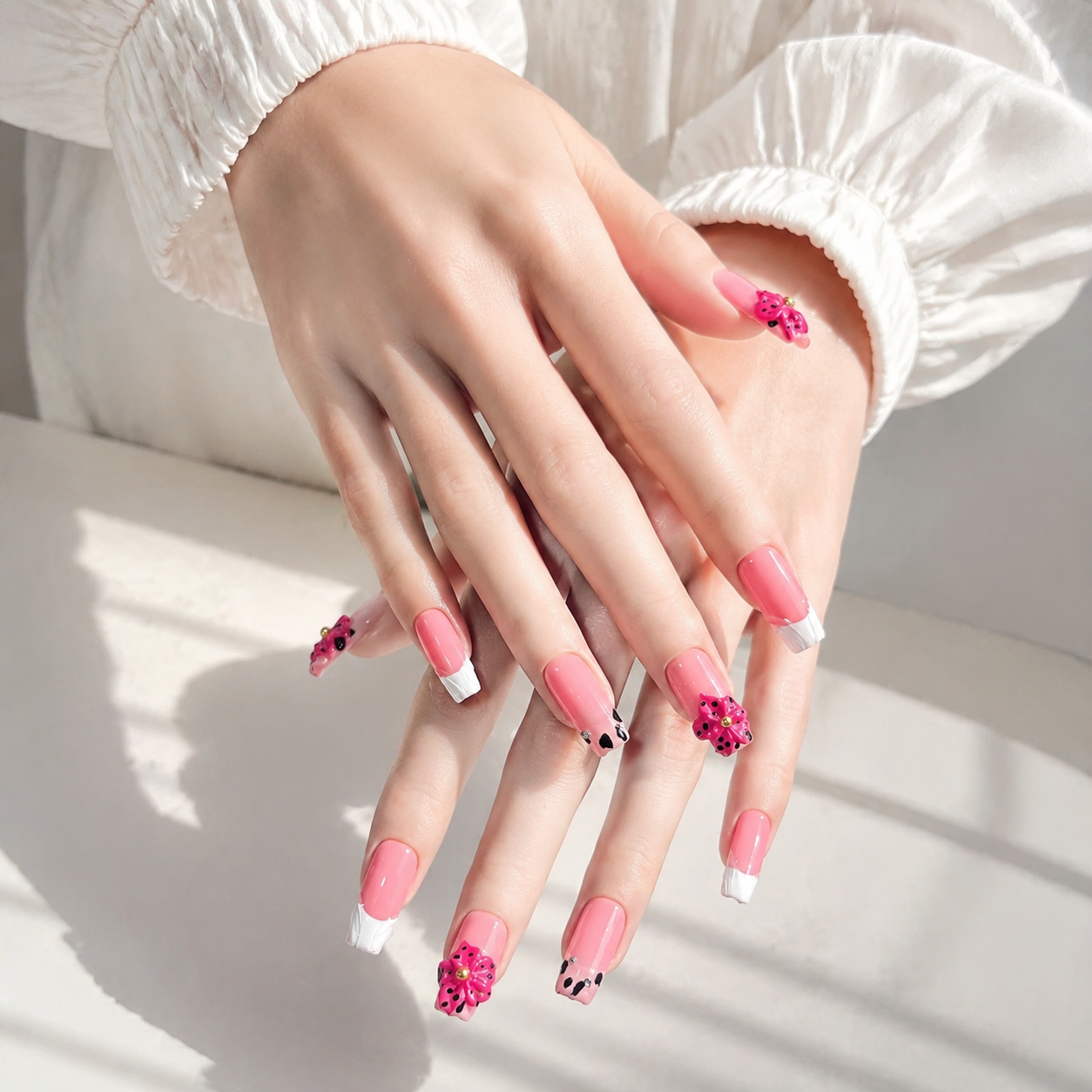 Handmade medium coffin pink blossom 3D floral french tip oress on nails hand painted pink white french manicure nails-Berry Flower A048