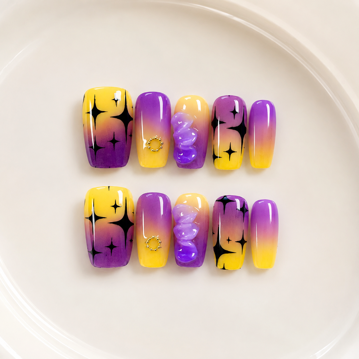 Handmade short coffin celestial starburst press on nails yellow purple ombre short coffin nails 3D floral accent handmade fake nails-Neon Star A049