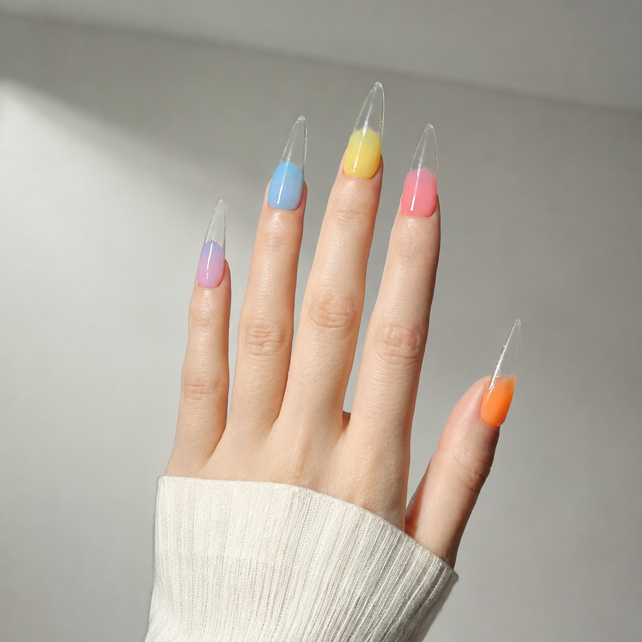 Handmade candy color french tip medium stiletto shape  transparent gradient rainbow pastel nail set-Rainbow A047