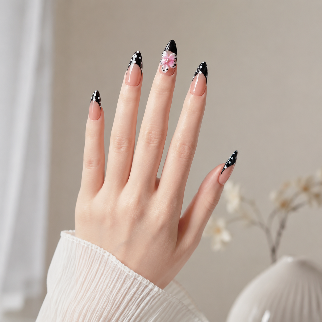Handmade Nude Polka Dot French Press On Nails Medium Almond, Black French Tip with 3D Flower Accent-Dot Garden A051