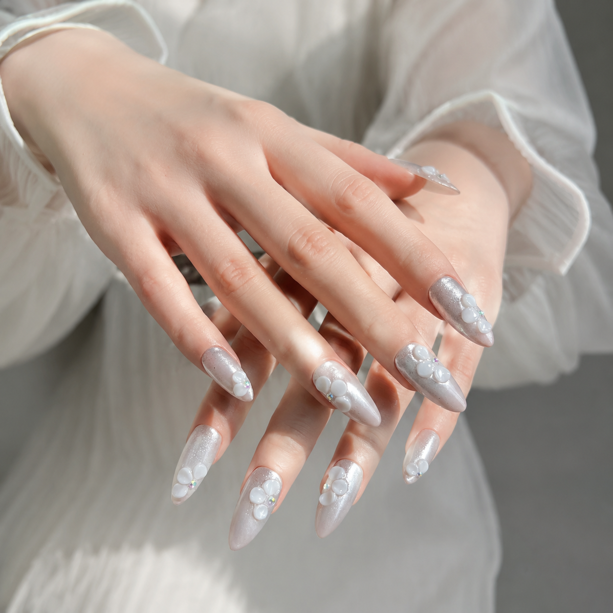 Handmade medium almond Silver Glitter Ombre Press On Nails 3D Flower Elegant White Pink Gradient-Pearl Bloom A053