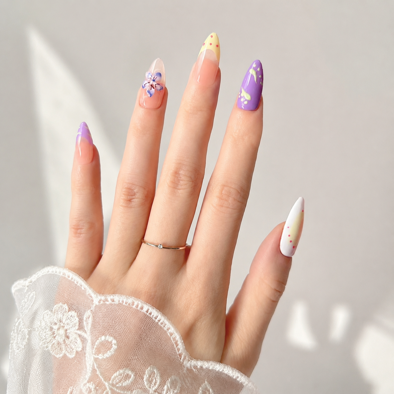 Handmade medium almond spring pastel polka dot french tip press on nails 3D floral-Pastel Pop A052
