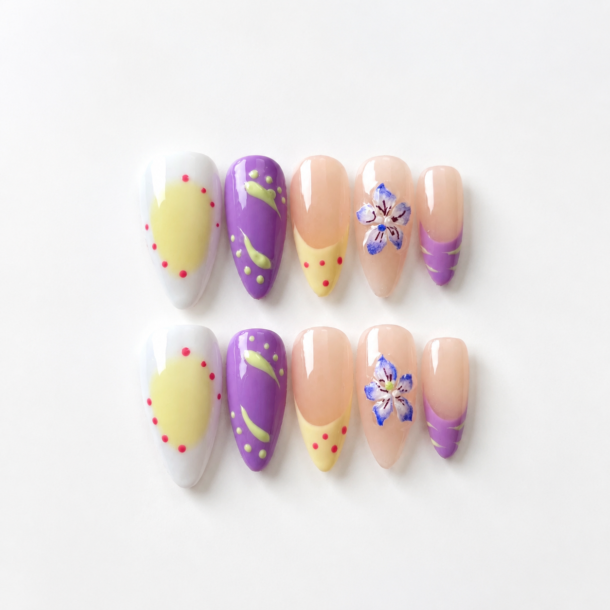 Handmade medium almond spring pastel polka dot french tip press on nails 3D floral-Pastel Pop A052