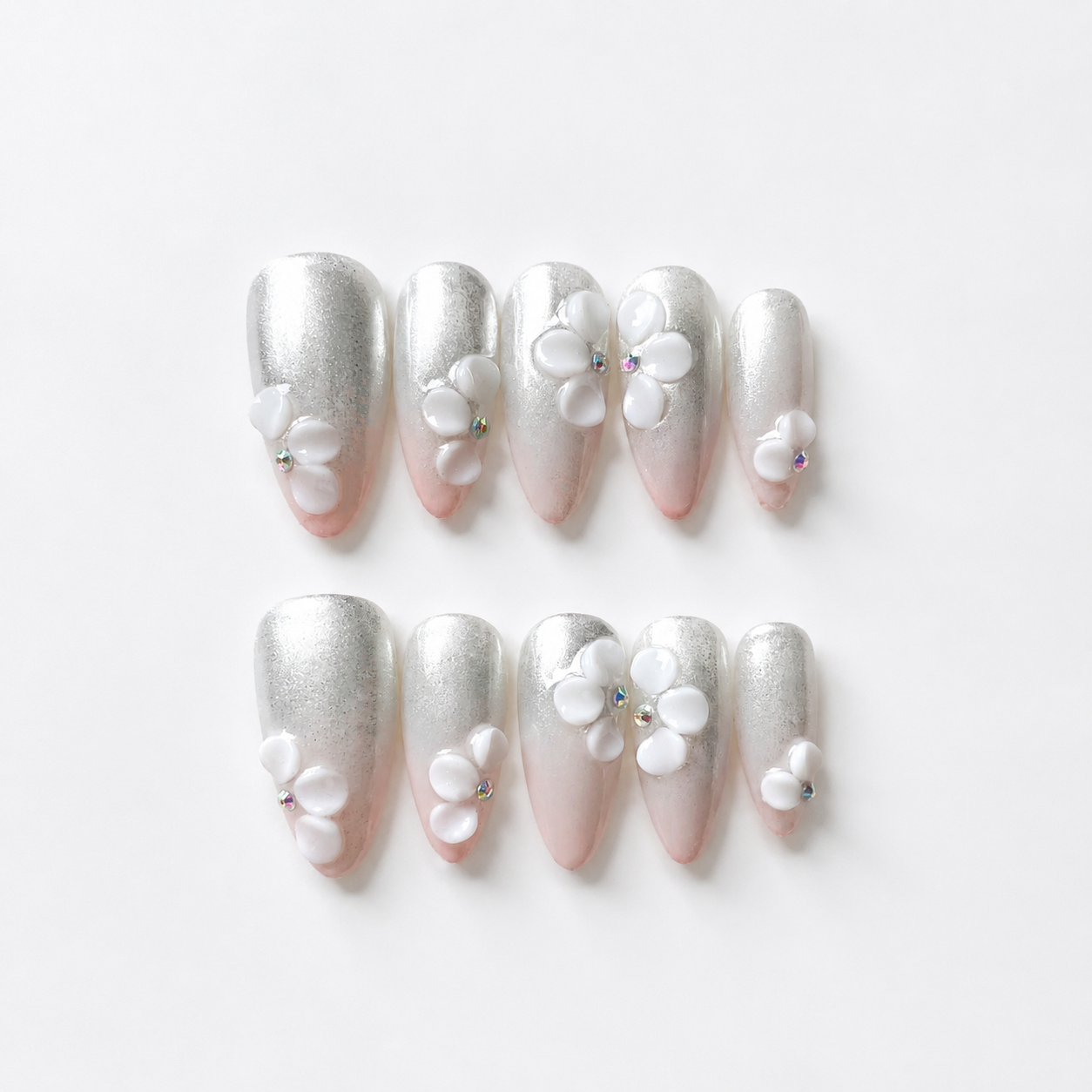 Handmade medium almond Silver Glitter Ombre Press On Nails 3D Flower Elegant White Pink Gradient-Pearl Bloom A053