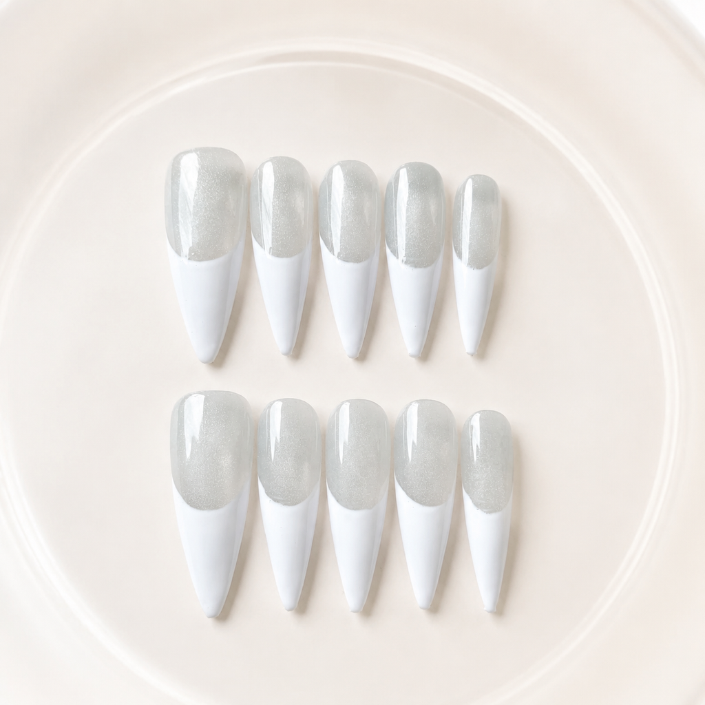 Handmade silver grey cat eye press on nails long stiletto white french tip-Silver Frost A054