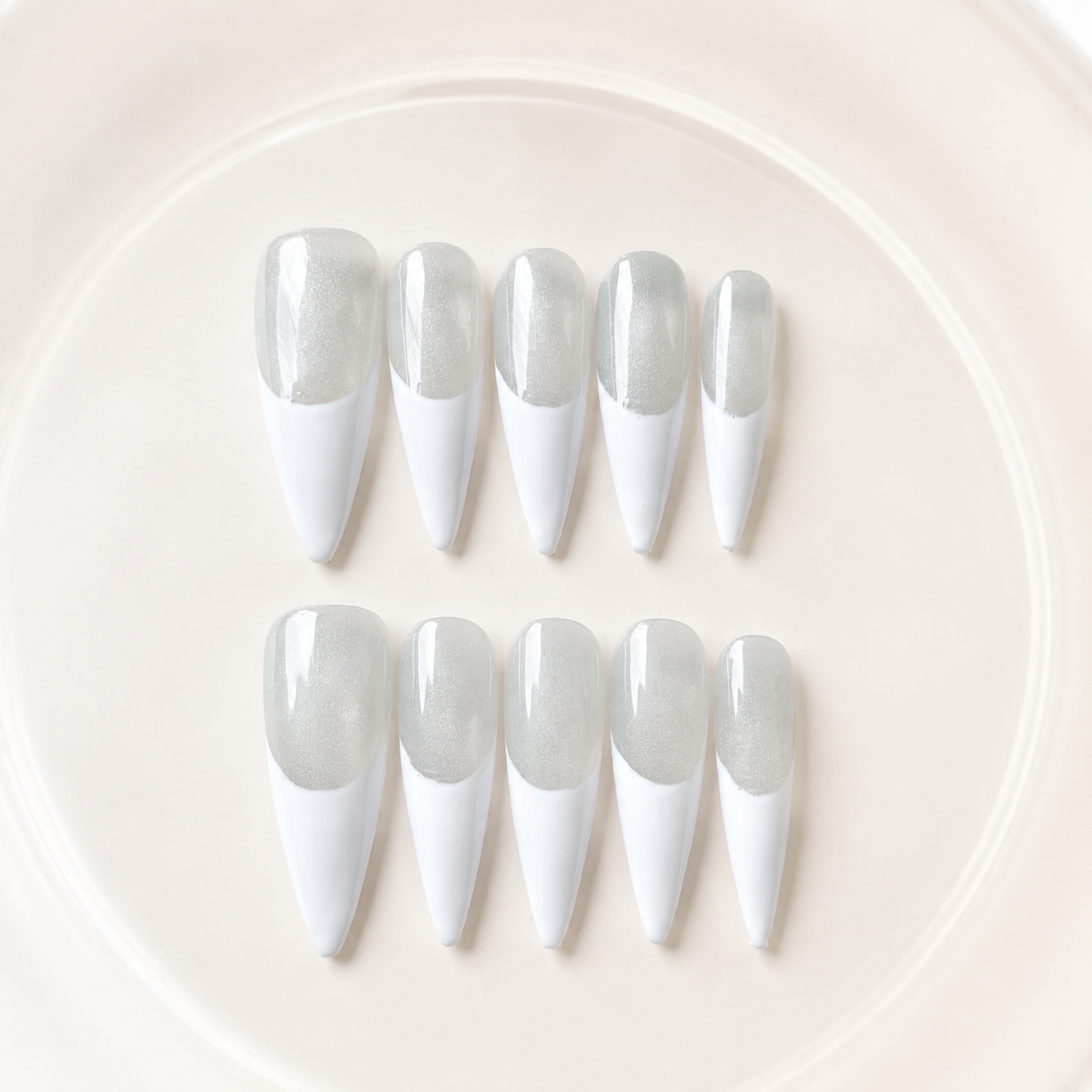 Handmade silver grey cat eye press on nails long stiletto white french tip-Silver Frost A054