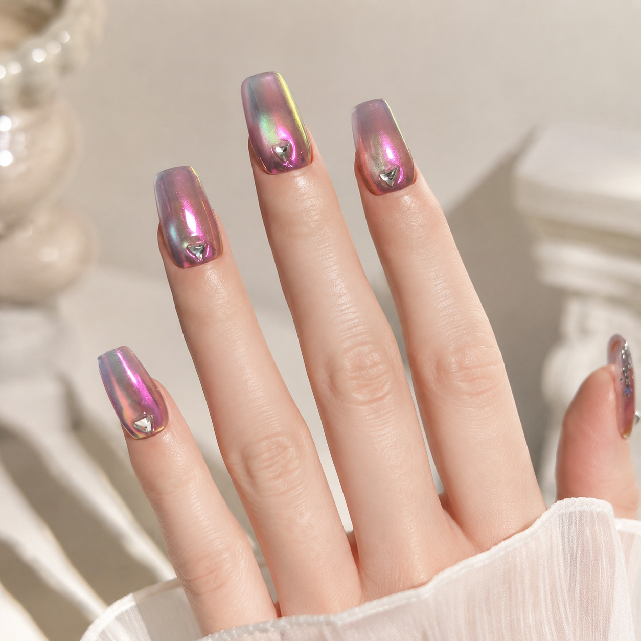 Handmade short coffin pink purple cat eye short trapezoid shape aurora iridescent chrome gradient false nails-Pink Opal A055