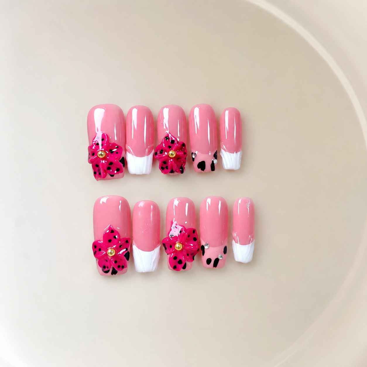 Handmade medium coffin pink blossom 3D floral french tip oress on nails hand painted pink white french manicure nails-Berry Flower A048