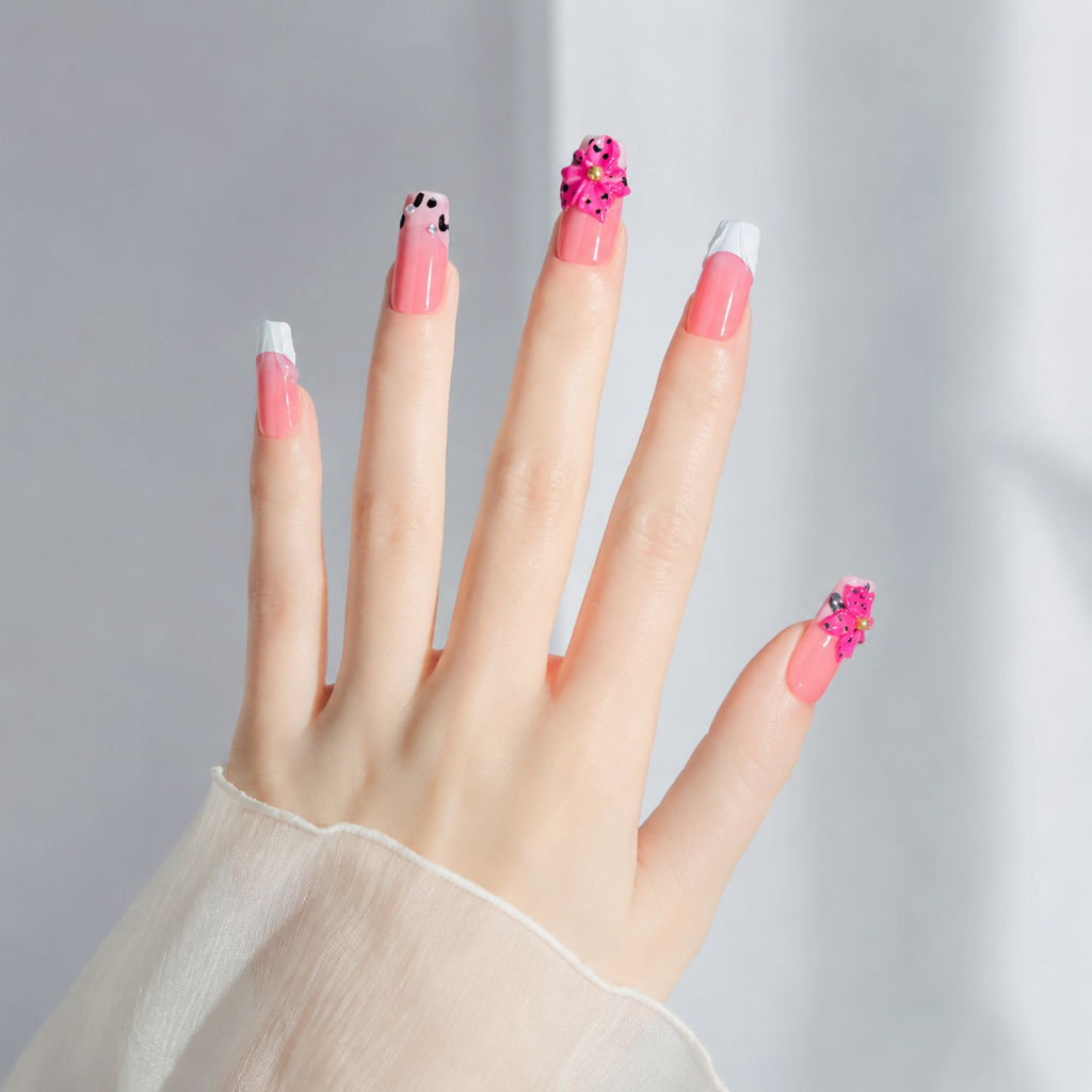Handmade medium coffin pink blossom 3D floral french tip oress on nails hand painted pink white french manicure nails-Berry Flower A048