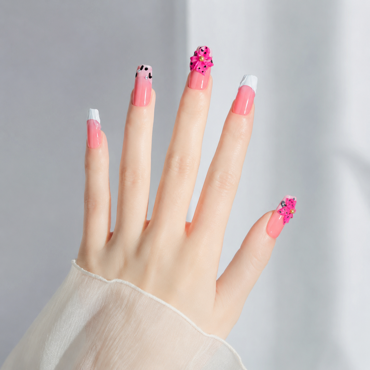 Handmade medium coffin pink blossom 3D floral french tip oress on nails hand painted pink white french manicure nails-Berry Flower A048