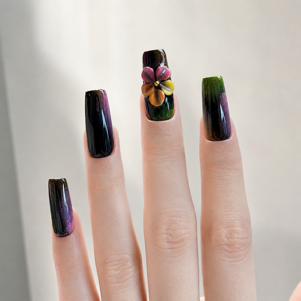 Handmade black neon graffiti press on nails medium coffin  pink green abstract swirl with 3D flower accent-Punk Graffiti A056