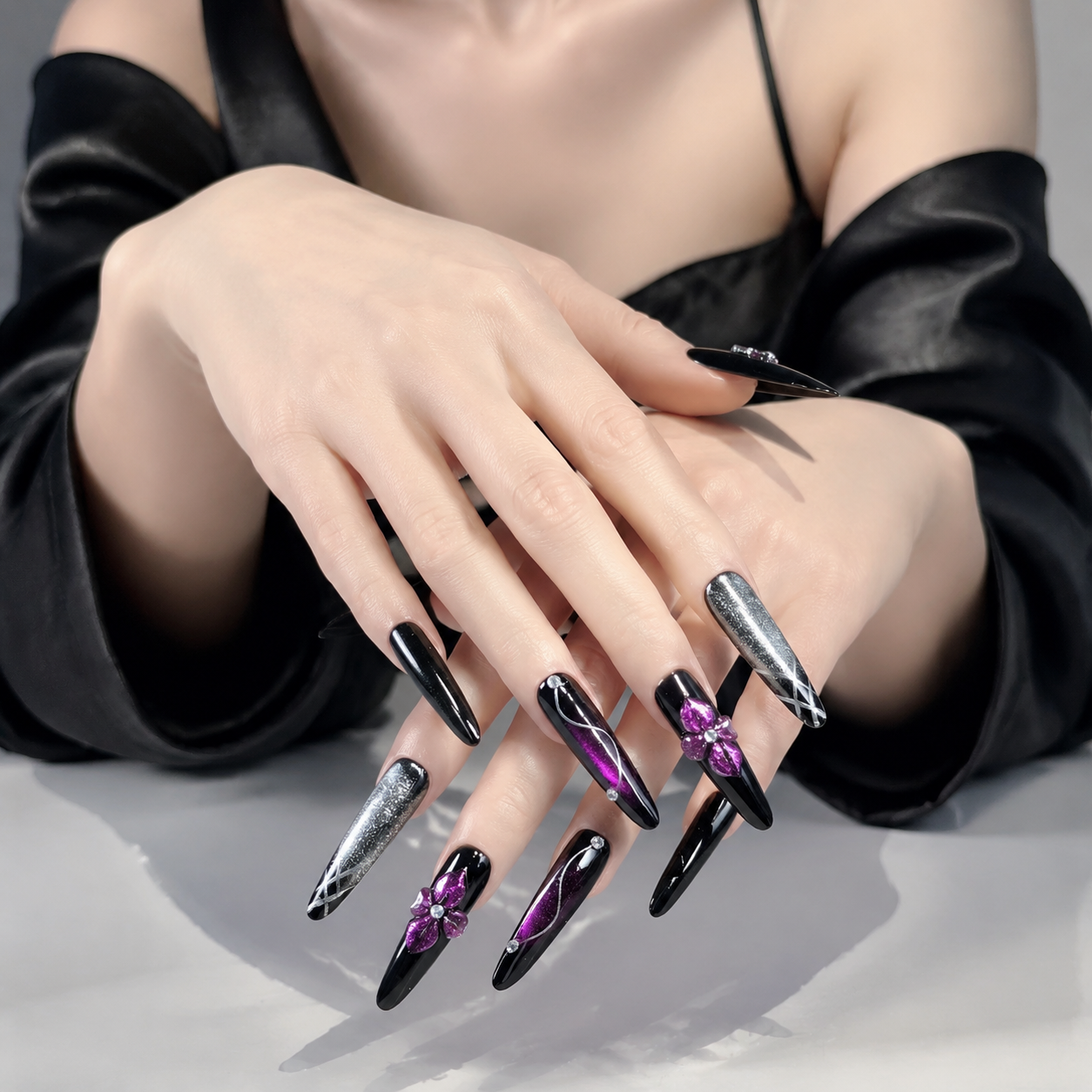 Handmade gothic cat eye long stiletto black purple orange aura false nails dark Y2K 3D handmade luxe nail set-Midnight Gothic A050