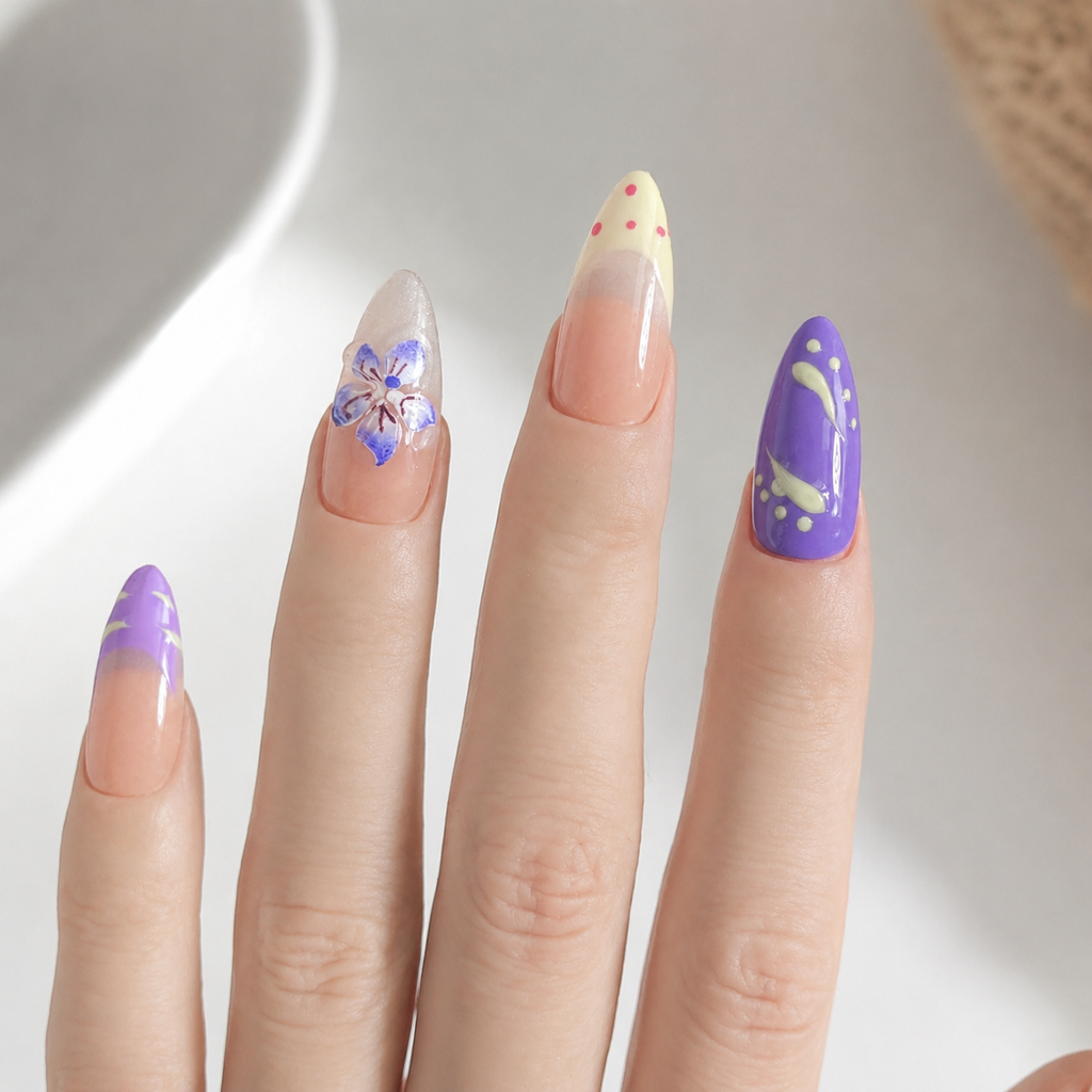 Handmade medium almond spring pastel polka dot french tip press on nails 3D floral-Pastel Pop A052