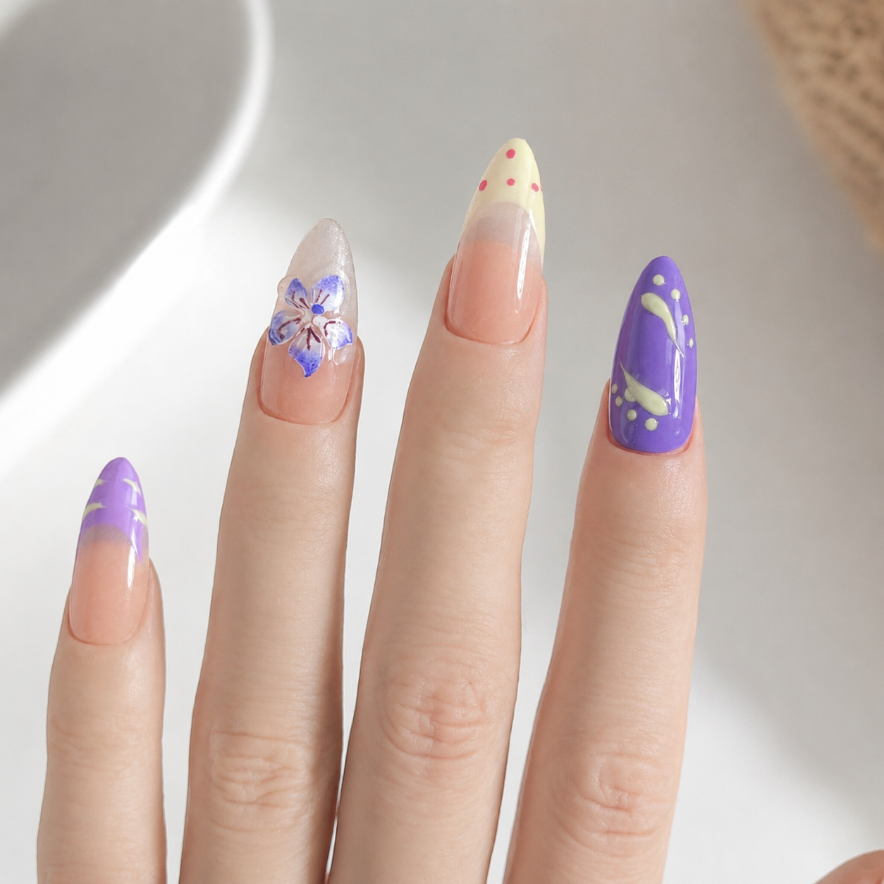Handmade medium almond spring pastel polka dot french tip press on nails 3D floral-Pastel Pop A052