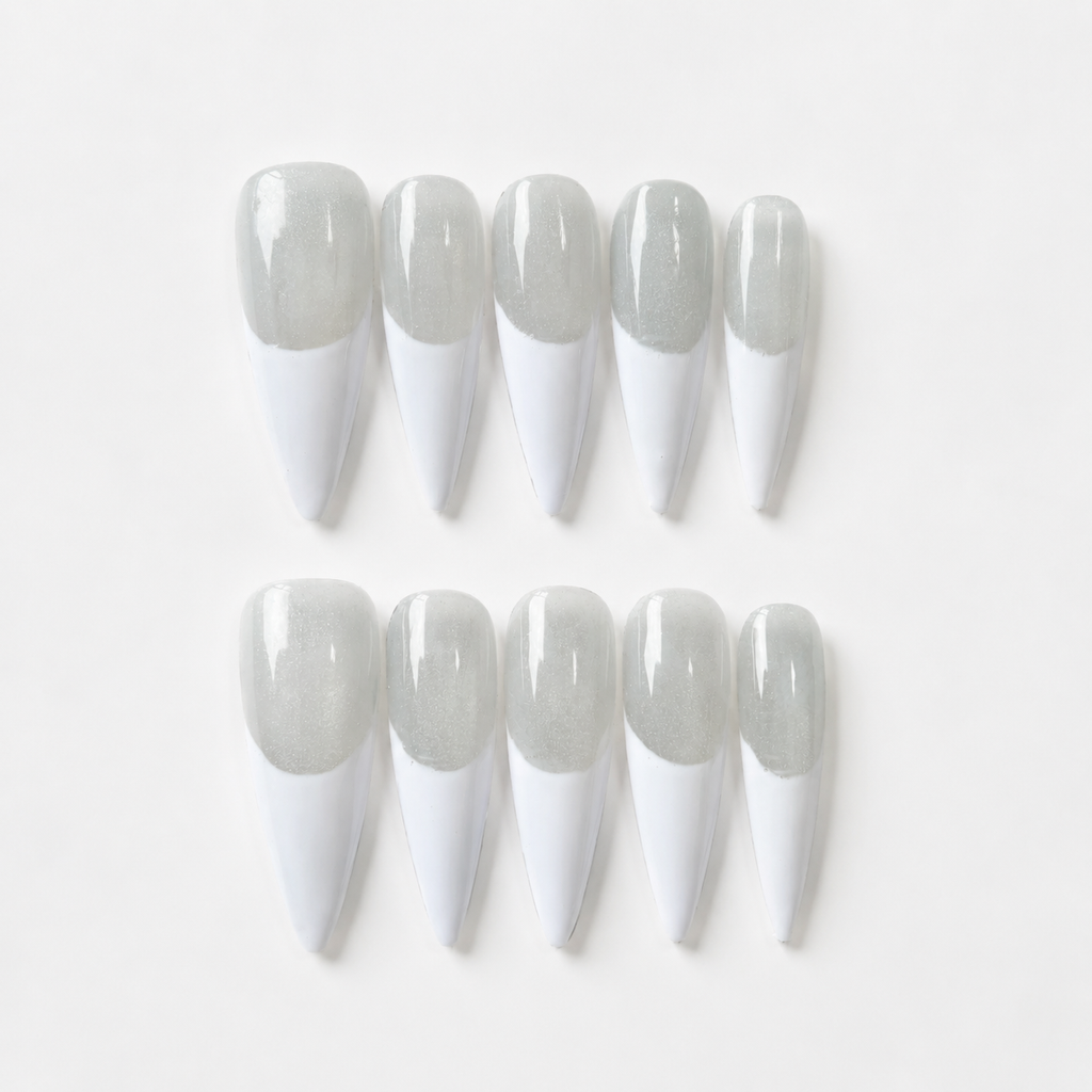 Handmade silver grey cat eye press on nails long stiletto white french tip-Silver Frost A054