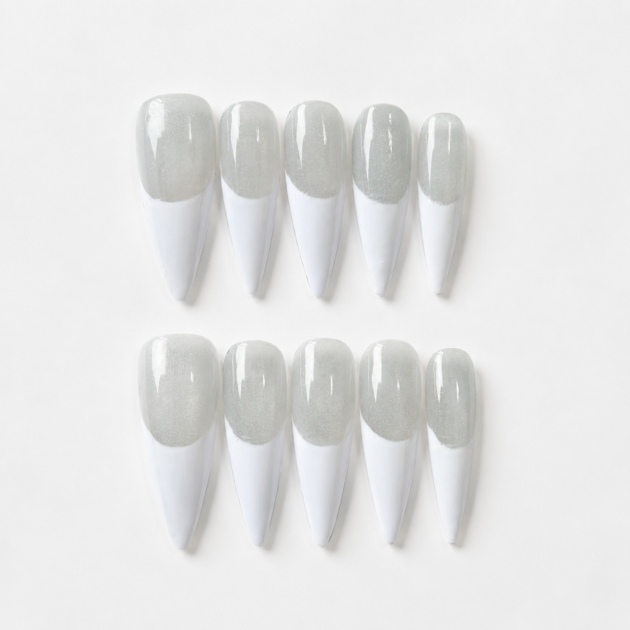 Handmade silver grey cat eye press on nails long stiletto white french tip-Silver Frost A054