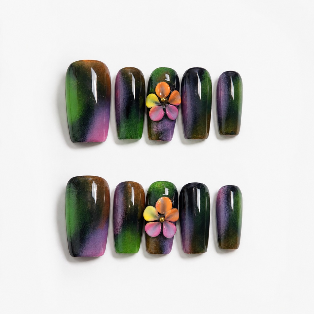 Handmade black neon graffiti press on nails medium coffin  pink green abstract swirl with 3D flower accent-Punk Graffiti A056
