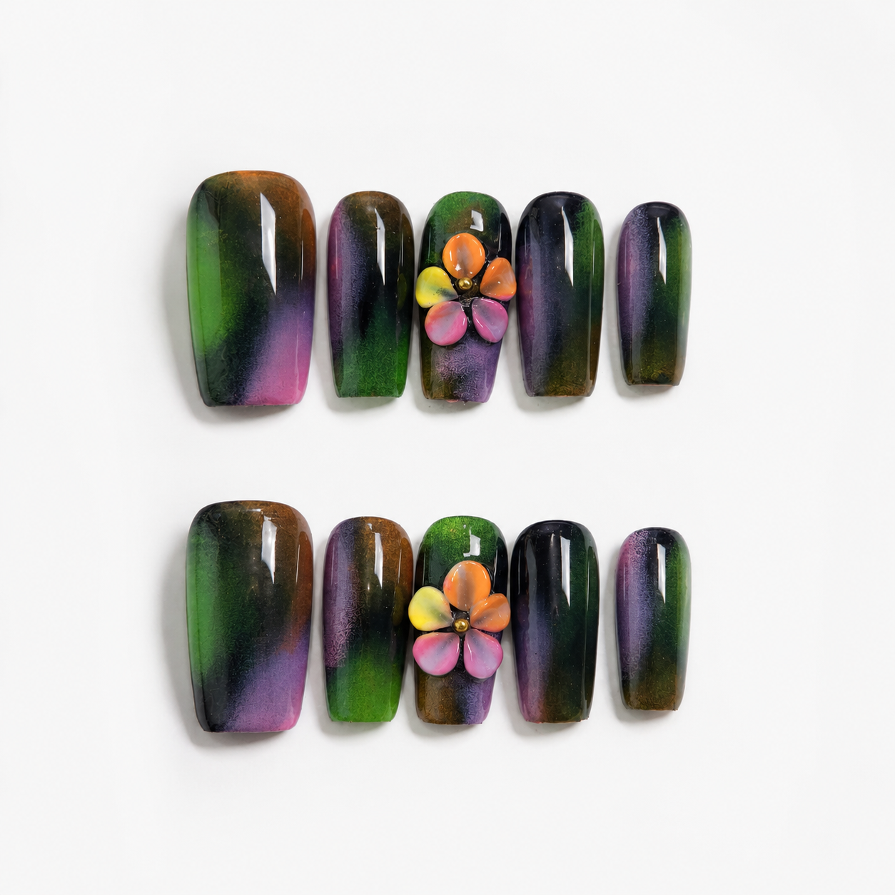 Handmade black neon graffiti press on nails medium coffin  pink green abstract swirl with 3D flower accent-Punk Graffiti A056