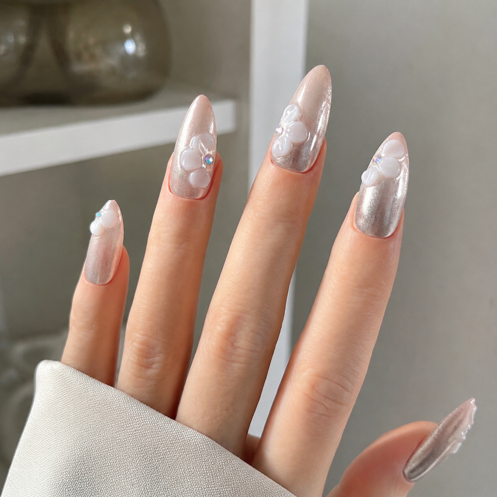 Handmade medium almond Silver Glitter Ombre Press On Nails 3D Flower Elegant White Pink Gradient-Pearl Bloom A053
