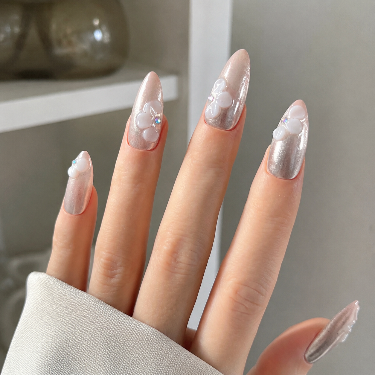 Handmade medium almond Silver Glitter Ombre Press On Nails 3D Flower Elegant White Pink Gradient-Pearl Bloom A053