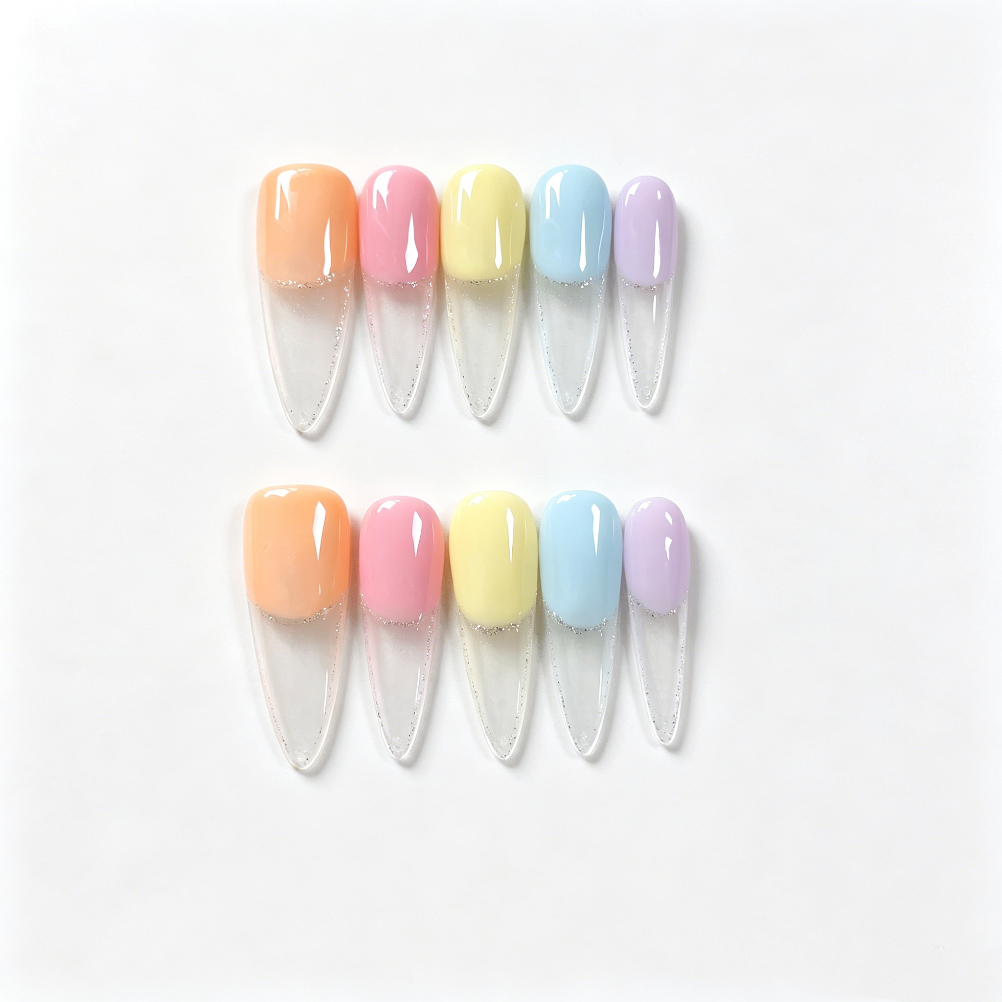 Handmade candy color french tip medium stiletto shape  transparent gradient rainbow pastel nail set-Rainbow A047