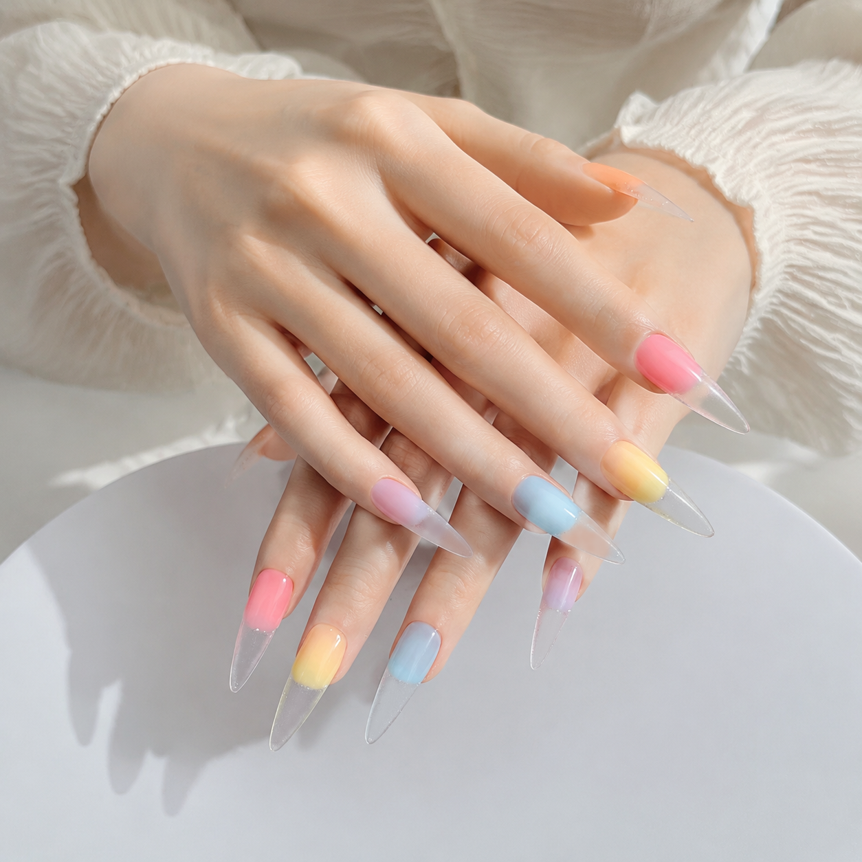 Handmade candy color french tip medium stiletto shape  transparent gradient rainbow pastel nail set-Rainbow A047