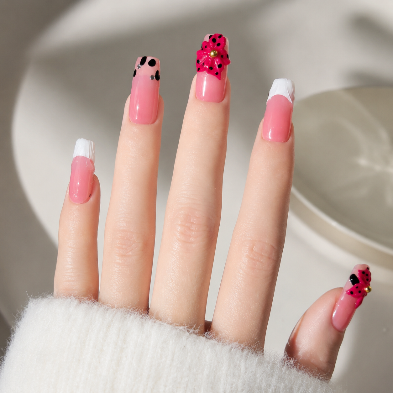 Handmade medium coffin pink blossom 3D floral french tip oress on nails hand painted pink white french manicure nails-Berry Flower A048