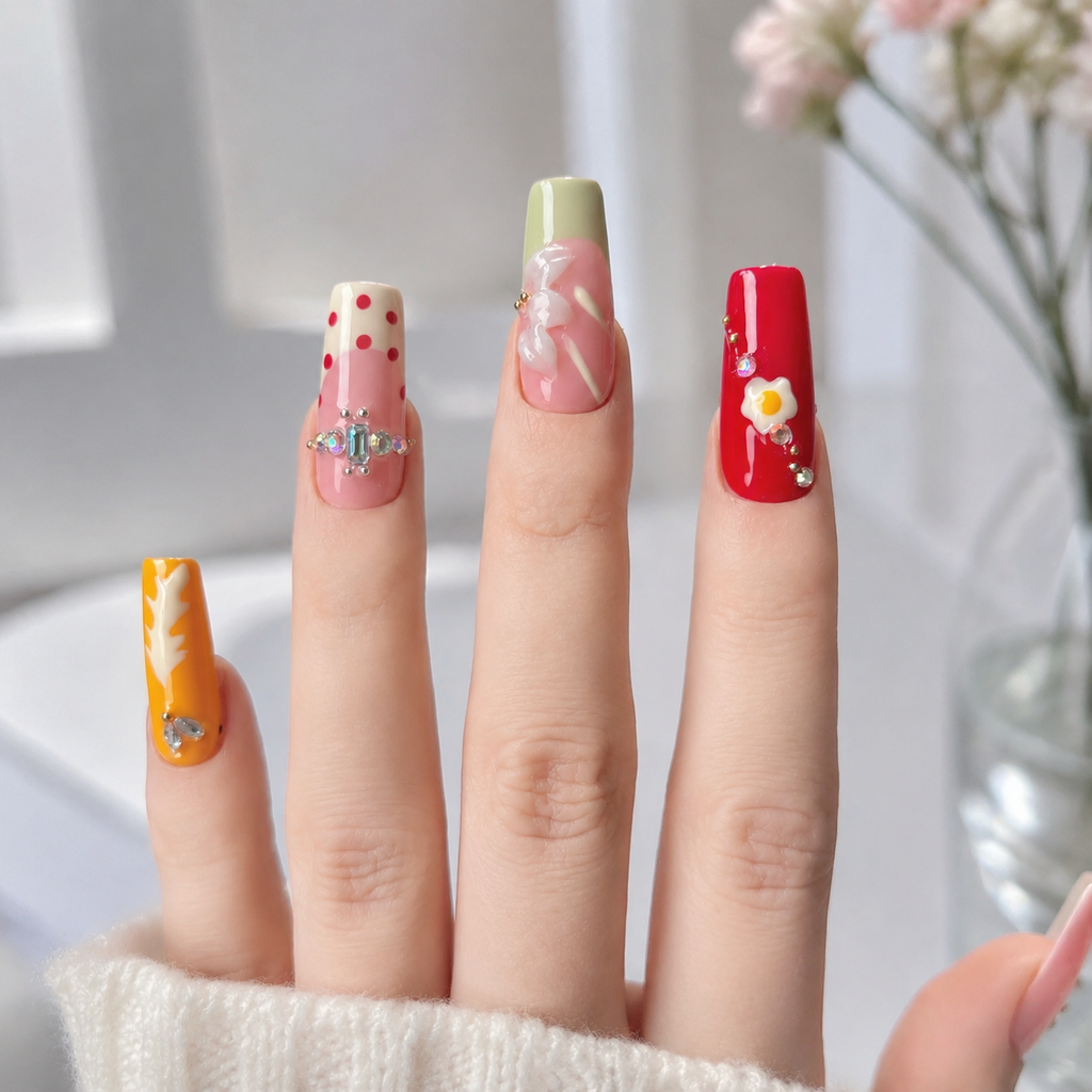 Handmade candy pop french graffiti press on nails 3D flower design medium coffin-Daisy Pop Art A060