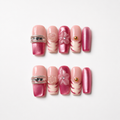 Handmade medium coffin rose pink cat eye press on nails medium coffin french tip 3D flower-Berry Glow A057
