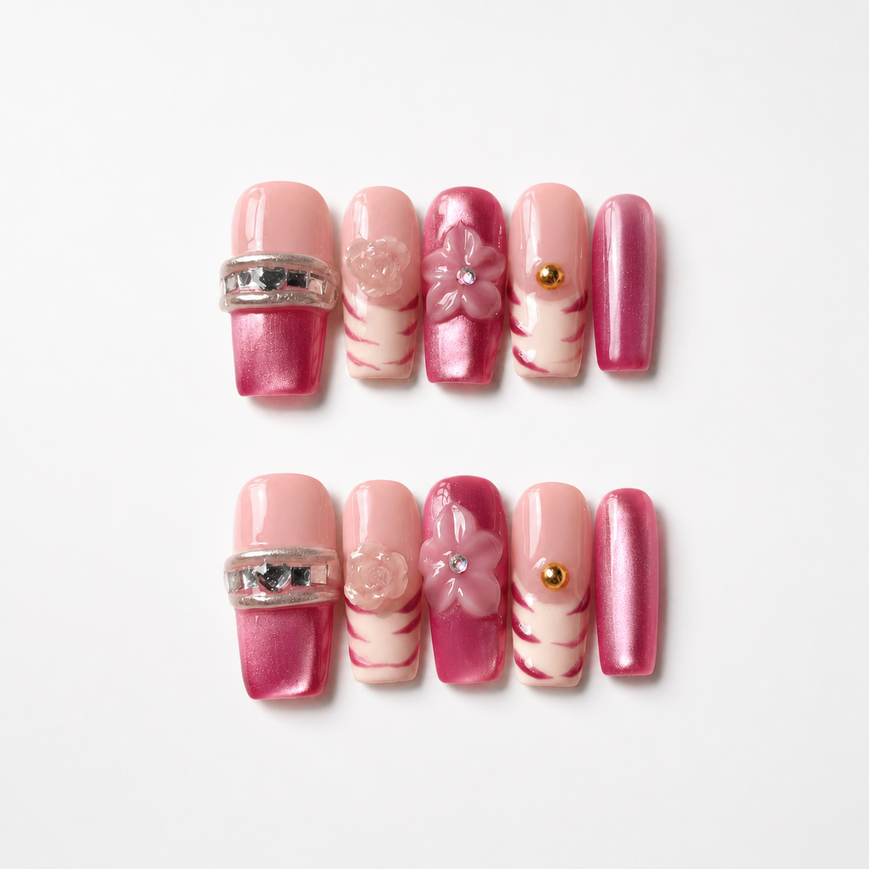 Handmade medium coffin rose pink cat eye press on nails medium coffin french tip 3D flower-Berry Glow A057