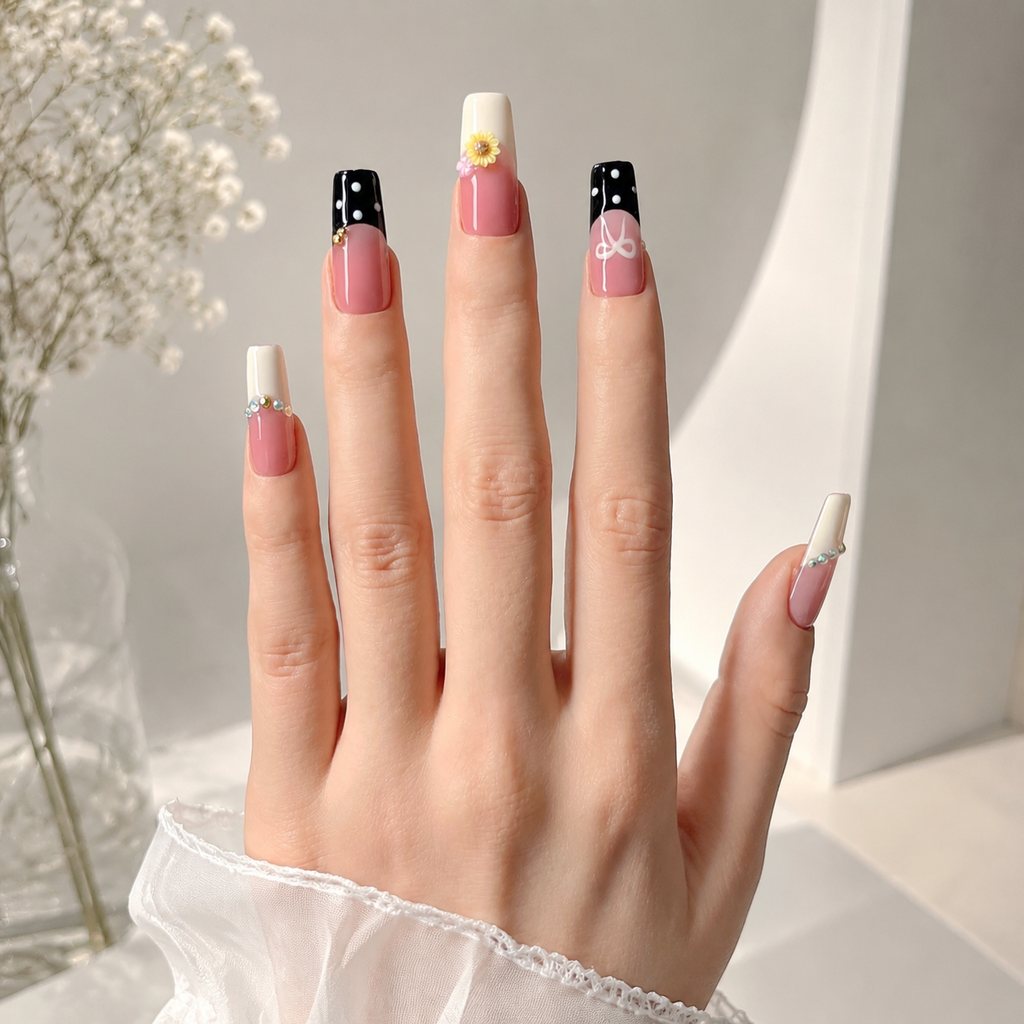 Handmade black pink french press on nails medium coffin 3D daisy flower bow polka dot-Pink Noir A061