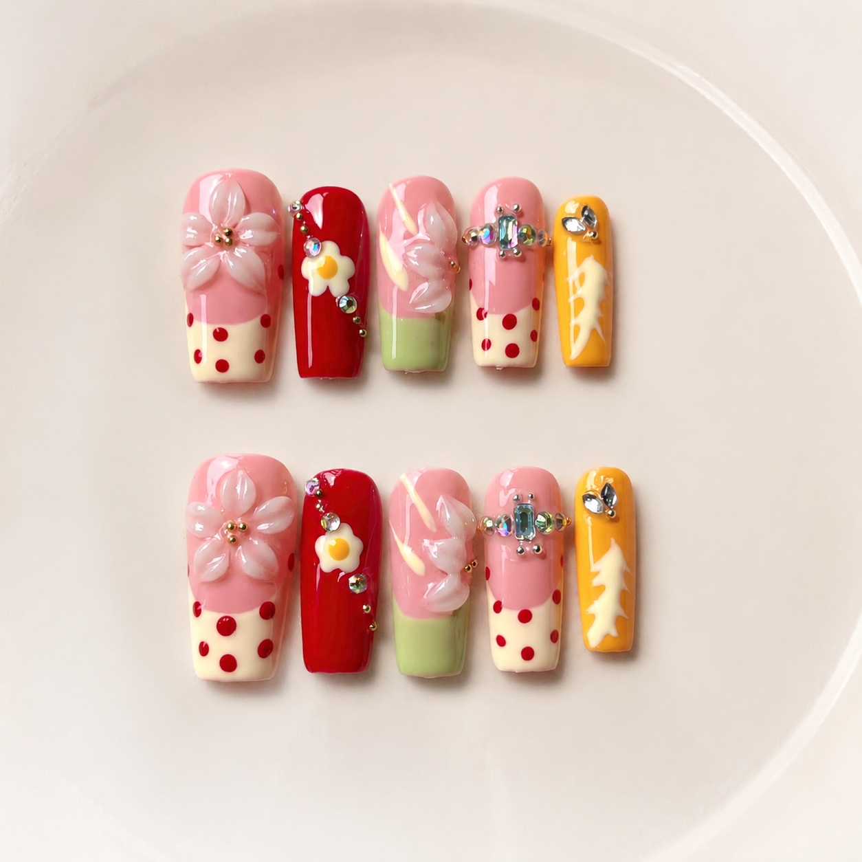 Handmade candy pop french graffiti press on nails 3D flower design medium coffin-Daisy Pop Art A060