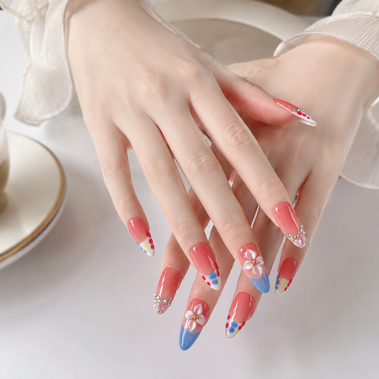 Handmade nude pink press on nails medium almond hand-painted french dots nail art color block abstract tip design rhinestone accent-Bubblegum Color A065