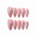 Handmade nude pink press on nails medium almond silver 3D embossed texture nail art glossy chrome accent nail set-Pink Chrome Vein A064