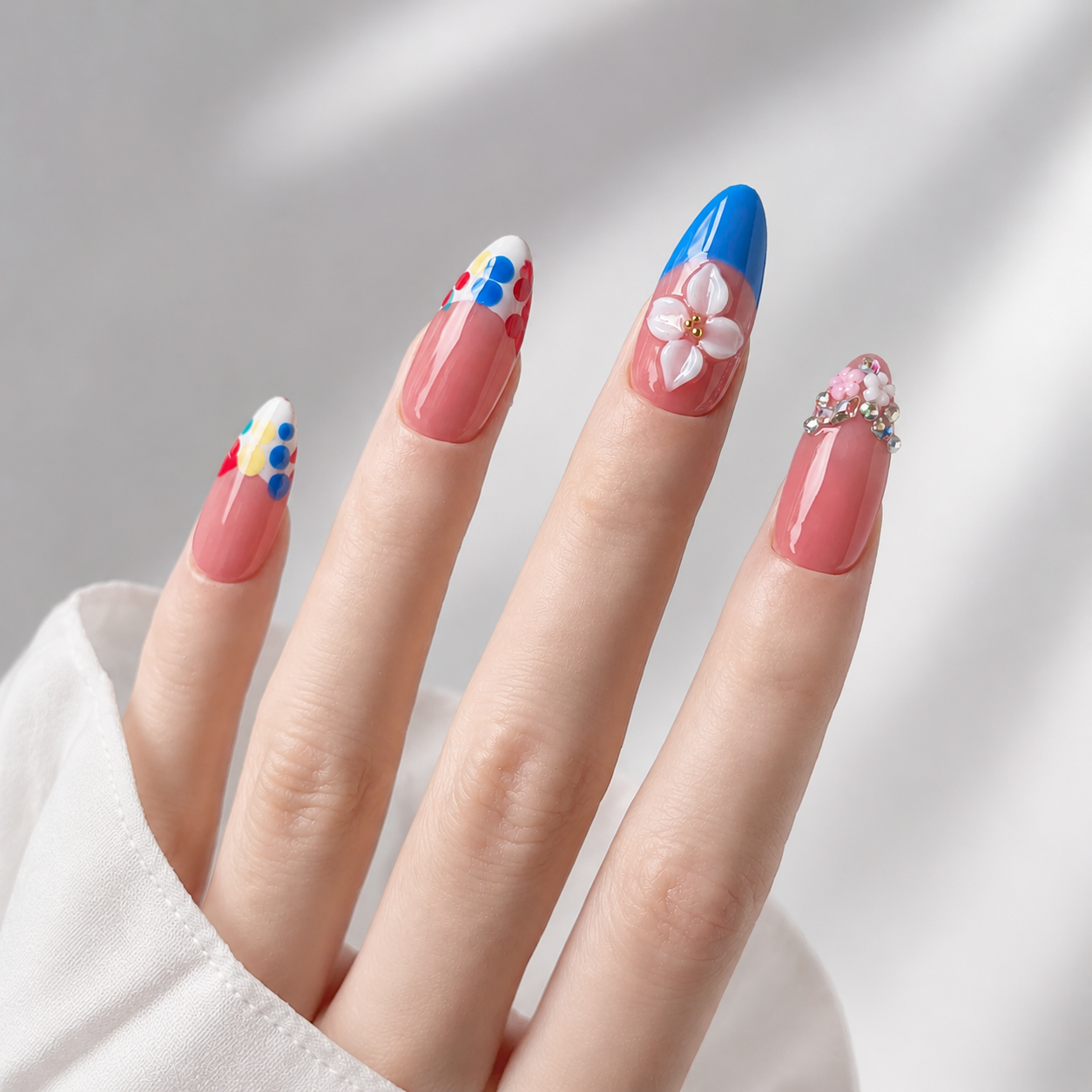 Handmade nude pink press on nails medium almond hand-painted french dots nail art color block abstract tip design rhinestone accent-Bubblegum Color A065