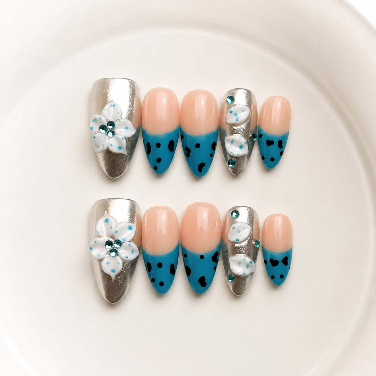 Handmade blue french tip press on nails medium almond 3D white flower rhinestone silver accent custom nail art-Ocean Dots A063