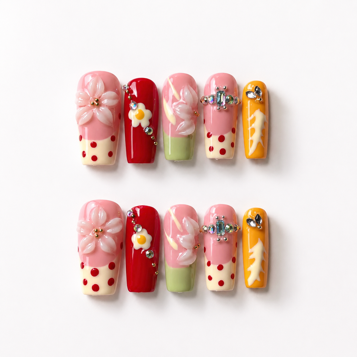 Handmade candy pop french graffiti press on nails 3D flower design medium coffin-Daisy Pop Art A060