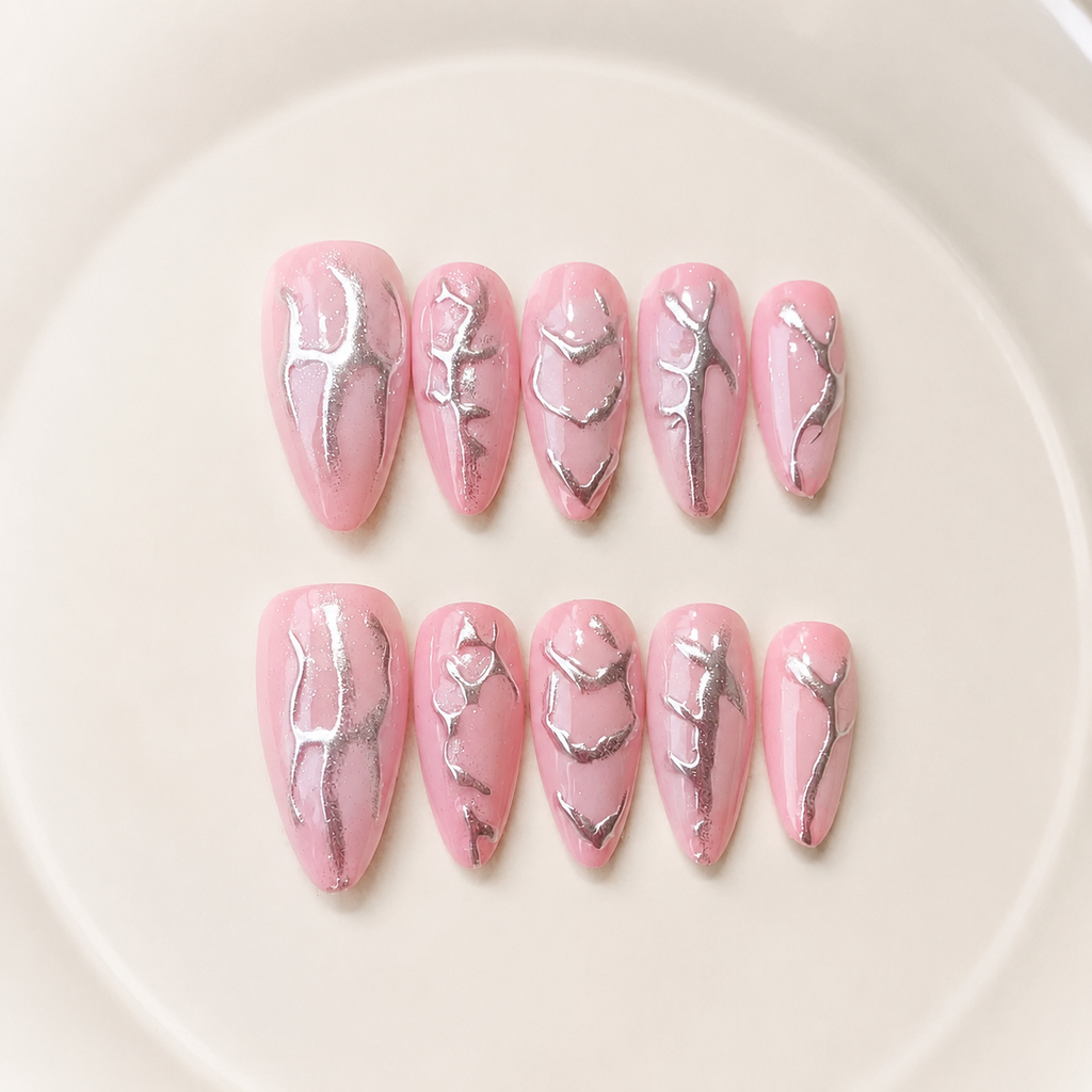Handmade nude pink press on nails medium almond silver 3D embossed texture nail art glossy chrome accent nail set-Pink Chrome Vein A064